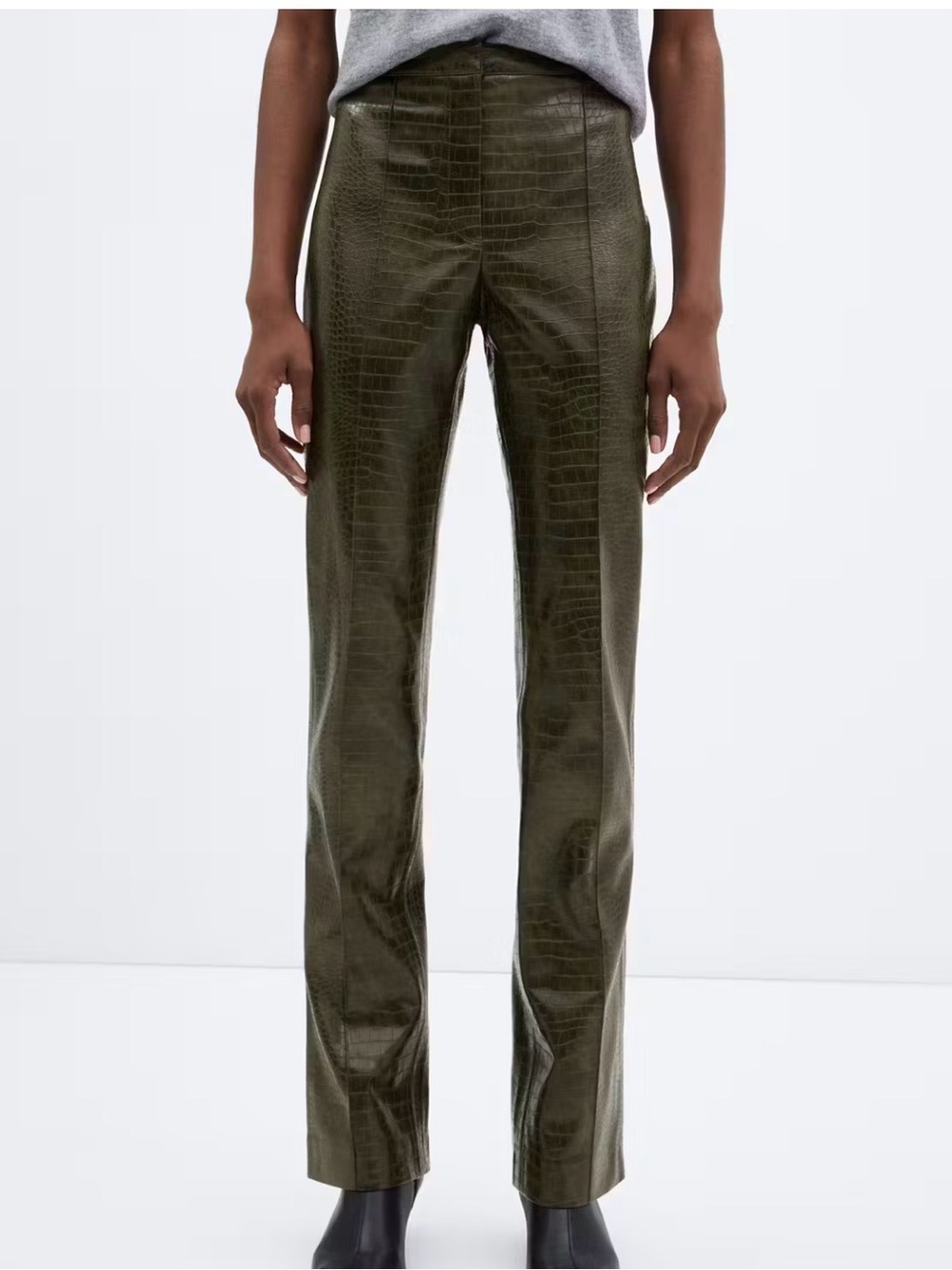 Mango Olive Green Croc-Embossed Straight Leg Pants